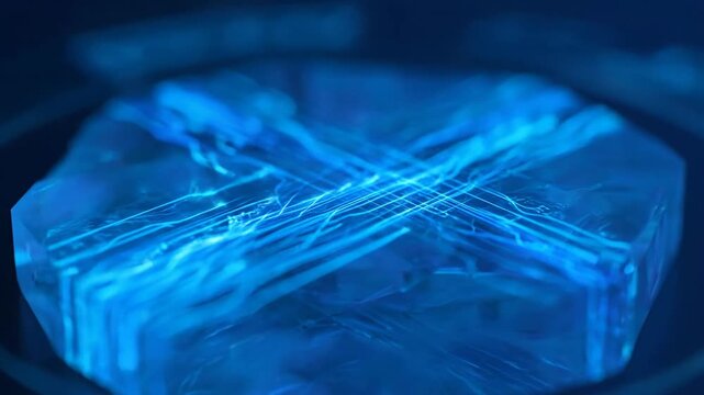 Abstract blue cube with light trails, technology and science concept, design