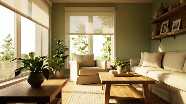 Serene interior with plants, window, daylight, house plants, and furniture creating a calm living space. Indoor lighting and plants.