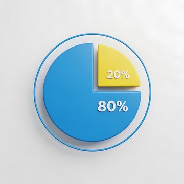 Modern 3d pie chart showing 80% and 20% distribution in blue and yellow