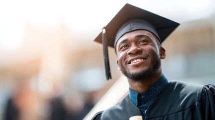 Fototapeta premium A young man in a graduation cap and gown, smiling and looking to his left.