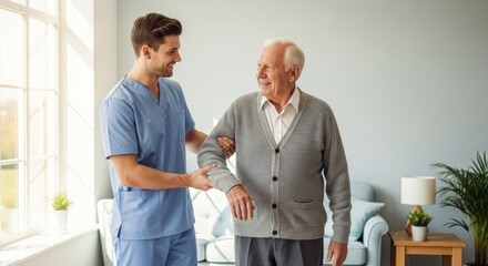 Fototapeta premium A young man helping an elderly man with a physical therapy exercise.