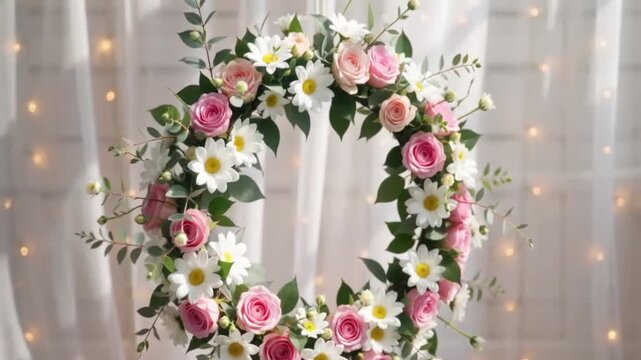 "Elegant floral wreath of pink roses and white daisies with glowing fairy lights on sheer curtain background"