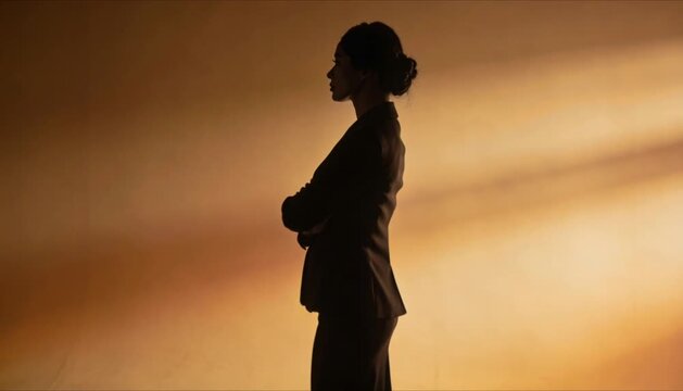 professional woman silhouette standing confidently against abstract glowing background perfect for international women's day