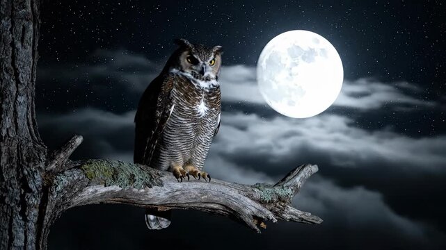 Owl perched on branch at night, beneath full moon and starry sky. Bird watching.