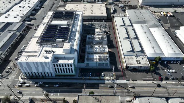 Afternoon sun shines on a data center facility in Vernon, California, USA.