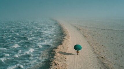 Figure walks along desert road with umbrella, divided by an ocean-like fog