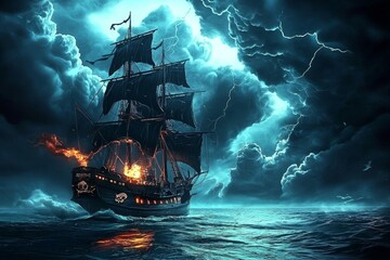 Digital illustration of a breathtaking landscape featuring a pirate ship sailing across the sea.