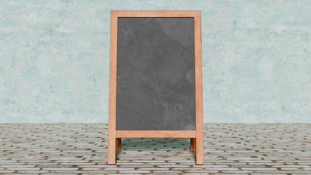 3D image of a wooden chalkboard for writing messages with chalk, used to promote a business, horizontal image
