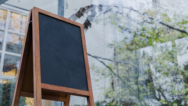 Urban scene of a wooden chalkboard under the sun for commercial and promotional use, 3D and horizontal image