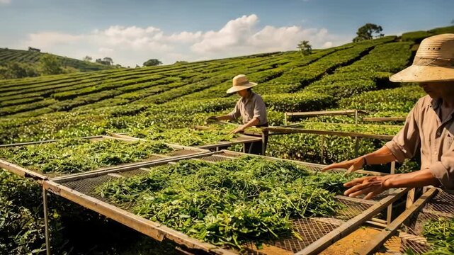 Medium shot of workers arranging bright green tea leaves on large ventilated racks outdoors under a sunny sky with surrounding plantation greenery.