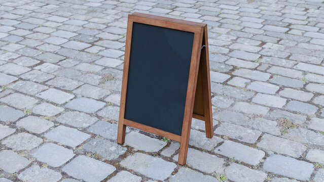 3D image of a wooden chalkboard for writing promotions or messages with chalk on a cement floor, horizontal image