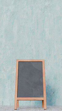 Vertical image of a 3D scene of a wooden chalkboard for writing with chalk, promotional and commercial theme