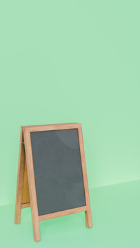 Green scene with a wooden chalkboard for writing with chalk and posting messages or promotions, 3D and vertical image