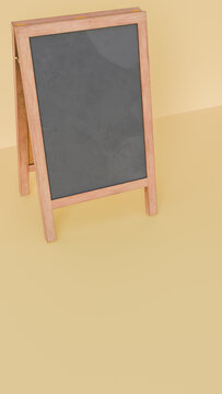 Yellow stage with wooden chalkboard for writing with chalk, promotional and commercial theme, 3D vertical image