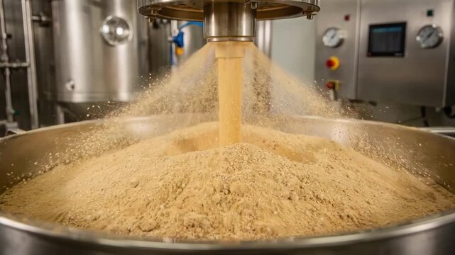 Medium shot of savory flavor encapsulation showcasing aromatic liquid being evenly dispersed into powdered form through a highspeed spray dryer.