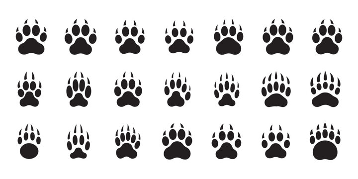 Black Animal Paw Prints Vector Collection, Ideal for Wildlife Tracking and Pet Designs.