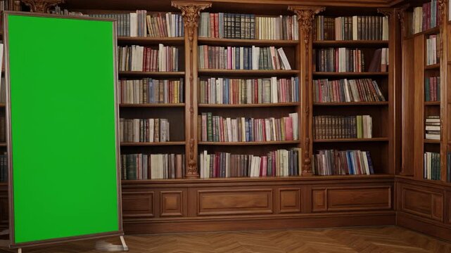 library shelves with books and green screen on the wall