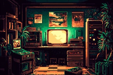 Retro-inspired game room featuring a console setup.