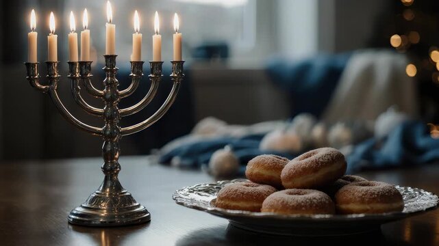Menorah with lit candles and donuts on a decorative plate for Hanukkah celebration.