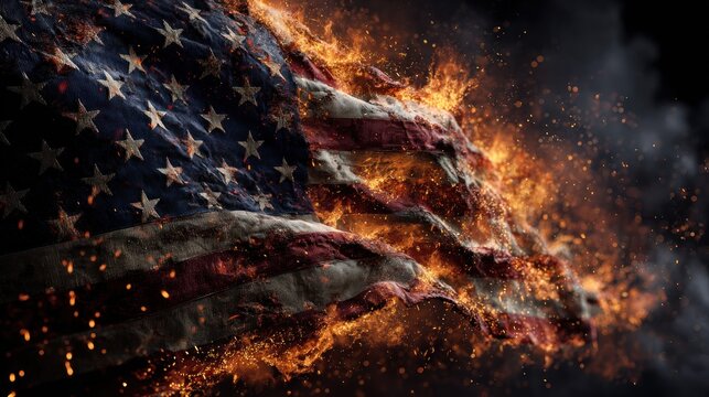 A burning American flag with flames and smoke in the background.