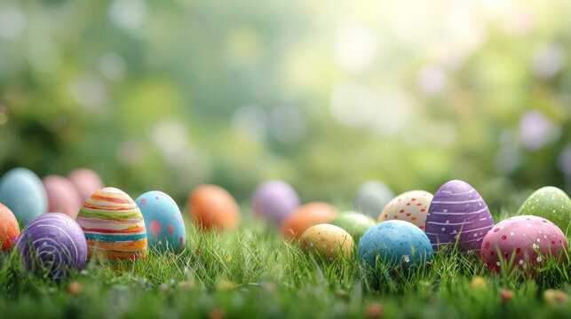 A vibrant display of colorful Easter eggs on a lush green lawn with a blurred green background.