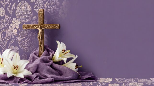 A crucifix with white lilies on a purple cloth against a floral-patterned background.