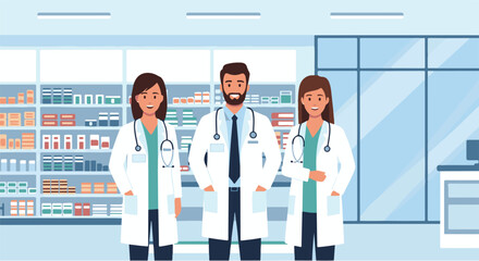 A diverse team of professional male and female doctors stands in a modern pharmacy, ready to provide medical advice and support for patient well-being © onepixland