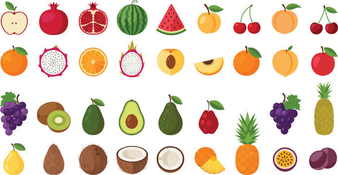 Flat vector illustration set of fresh organic fruits including apple pomegranate watermelon cherry peach orange dragon fruit kiwi avocado pineapple and coconut.