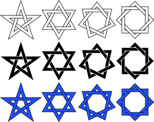 Set of geometric star icons with intertwined lines in pentagram, hexagram, and octagram variations