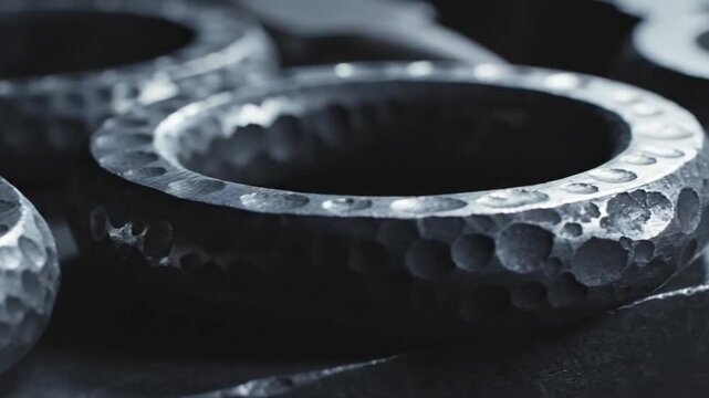 Close-up of dark metallic circular forms with a textured dimpled surface reflecting light