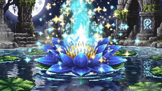 Mystical blue lotus flower blooming with magical light in serene pond.