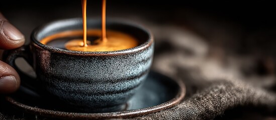 Espresso pouring into ceramic cup, held, on saucer, dark tones, rustic