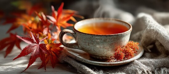 Steaming tea cup with autumn leaves on a rustic surface
