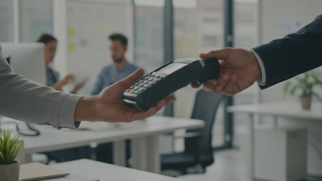 A person holds a card reader in an office setting with blurred figures working at desks