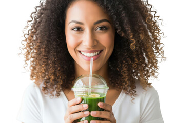 Woman enjoying a green smoothie isolated on transparent background
