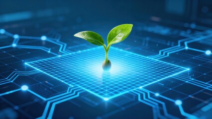 startup seed technology growth nature concept. Green plant seedling growing on a glowing digital circuit board, symbolizing tech growth.