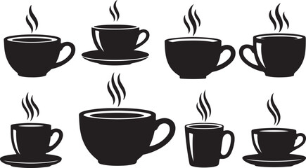 Obraz premium Set of black coffee cups with steam rising icons