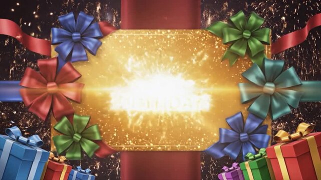 Golden Sparkle Birthday Countdown Film Leader Opener with Fireworks, Celebration Ribbons, and Decorative Gift Boxes