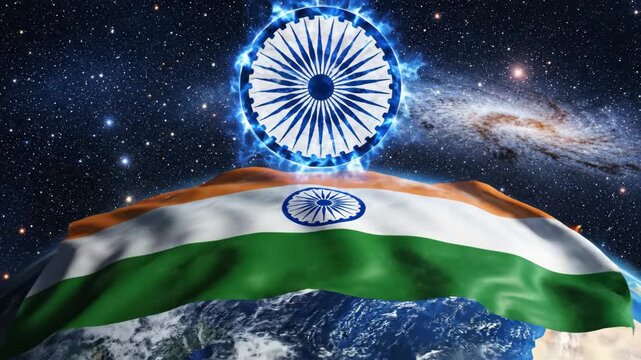 Indian flag draped on Earth with glowing Ashoka Chakra in space