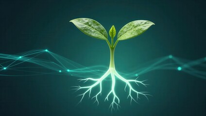 startup seed technology growth nature concept. Digital illustration of a glowing plant with roots and connected network lines