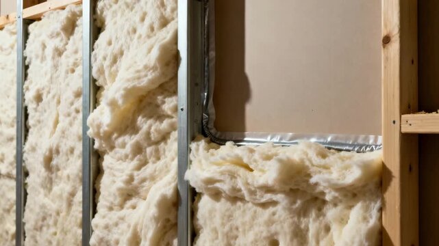 Focused medium shot of foam insulation expanding inside wall stud frames highlighting the advanced materials airsealing and thermal performance properties.