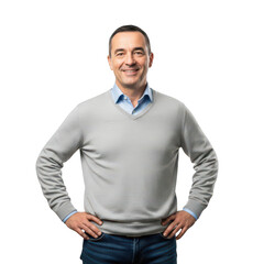 Smiling man in grey sweater and blue shirt isolated on transparent background