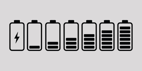 Battery with different charge levels on gray background battery charge levels black and white energy.