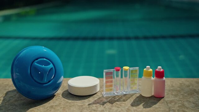 Swimming pool water testing kit with chlorine dispenser and chemical reagents on pool edge, private pool maintenance concept, clean blue water background 