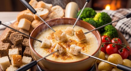 A warm and inviting fondue dinner with bread and vegetables for dipping in a cozy setting.