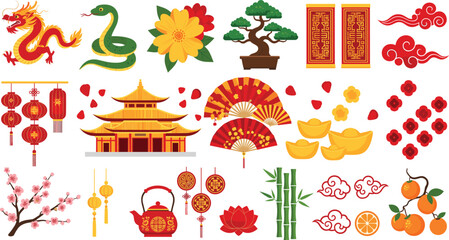 Flat vector illustration set of Chinese Lunar New Year elements including dragon snake pagoda temple lanterns fans bonsai tree bamboo and golden ingots. © Shefali