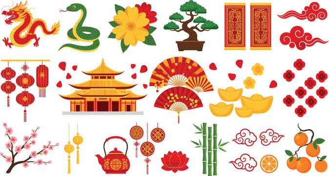 Flat vector illustration set of Chinese Lunar New Year elements including dragon snake pagoda temple lanterns fans bonsai tree bamboo and golden ingots.