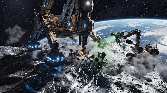 Space mining robot drills asteroid with Earth in background