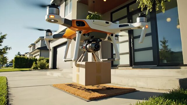 An advanced autonomous drone meticulously delivers a brown cardboard package directly to the doorstep of a contemporary suburban home, showcasing the future of efficient and contactless e-commerce lo.