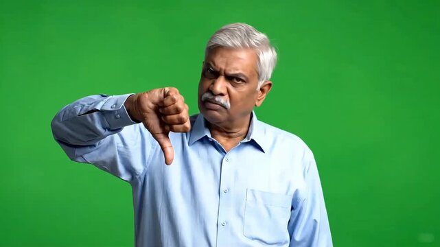 Disappointed Senior Man Showing Thumbs Down on Green Screen.